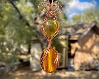 Labradorite over Tiger's Eye Wrapped in Copper Pendant