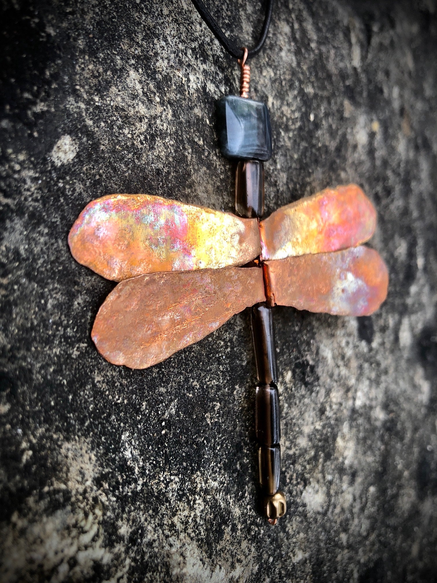 Hammered and Heated Copper Winged Dragonfly Pendant Etsy