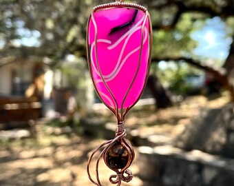Funky Pink Bowlerite over Smokey Quartz Wrapped in Copper Pendant