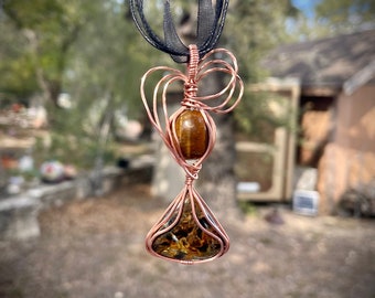 Tigers Eye over Golden Pietersite Wrapped in Copper Pendant