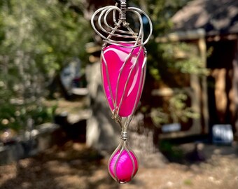 Pink Bowlerite over Pink Banded Agate Wrapped in Argentium Silver Pendant