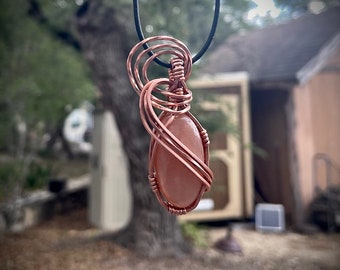 Art Deco Peach Moonstone Wrapped in Copper Pendant
