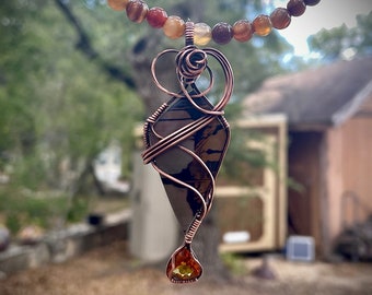 Indian Paint Stone over Madiera Citrine wrapped in Oxidized and Polished Copper Agate Bead Choker