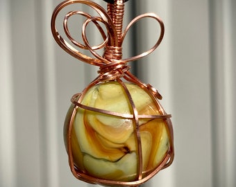 Art Deco Swirled Yellow-Green and Tan Glass Sphere Copper Wrapped Pendant