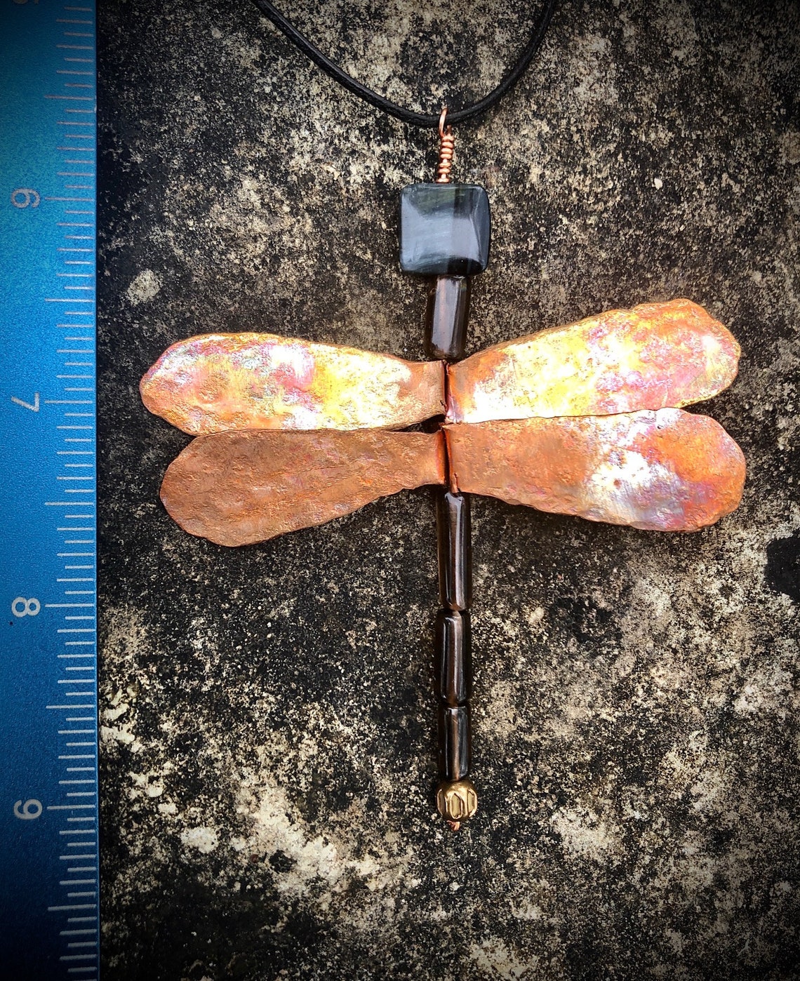 Hammered and Heated Copper Winged Dragonfly Pendant Etsy