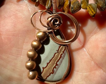 Coffee Bean Jasper Wrapped in Oxidized and Polished Copper Pendant on Tiger's Eye and Copper Choker
