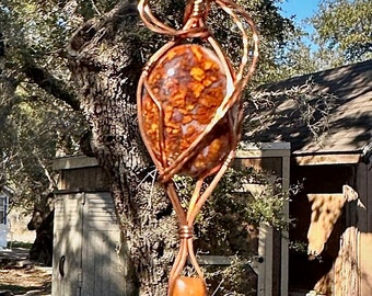 Golden Pietersite over Peach Moonstone Wrapped in Copper Pendant