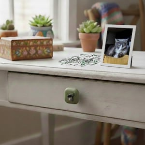 Könnte beinhalten: Ein weißer Schreibtisch mit einem grünen Knopf, eine Holzkiste mit floralen Designs und ein gerahmtes Foto einer grau-weißen Katze. Sukkulenten in Töpfen sind ebenfalls zu sehen. Die Szene spielt sich in der Nähe eines Fensters ab.