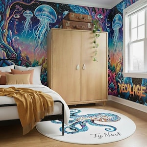 May include: A bedroom scene featuring a round white rug with a blue and purple octopus design. The room has a bed with a mustard-colored blanket, a wooden wardrobe, and a colorful mural with jellyfish and other fantastical elements. The text "Ty Noof" is on the rug.