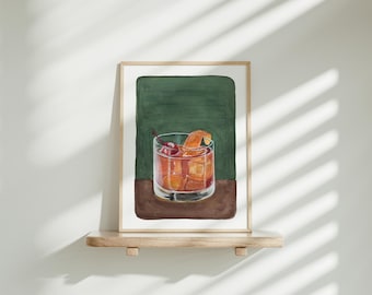 ¡A la antigua! Pintura de cóctel de whisky en acuarela y gouache, lámina artística