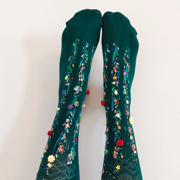 Floral embellished over knee socks for women. Fantasy green uniquely painted high socks with pattern design and beads