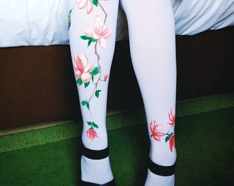 Floral tights for women, painted Hummingbird & Magnolia flower, fantasy opaque white floral woman colorful pantyhose
