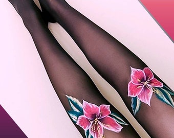 Flower tights painted for women. Opaque unique wedding pantyhose with Hibiscus floral pattern. For Small to Plus size woman