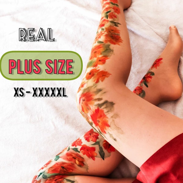 Floral pattern Tights for women in real Plus size | Hand Painted colorful tattoo tights durable and comfortable