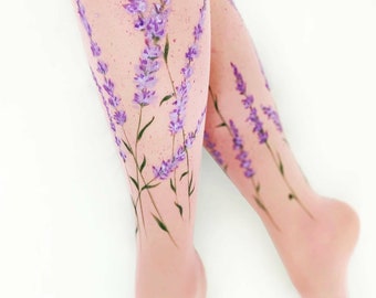 Lavanda pintada en medias rosas para mujer, medias de tatuaje coloridas con pantimedias de boda con patrón floral pintado a mano