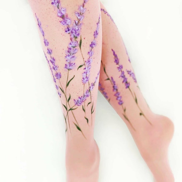 Lavender painted on Pink tights for women, colorful tattoo tights with hand painted floral pattern wedding pantyhose