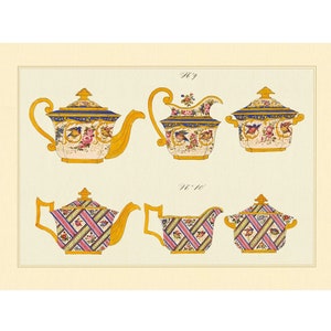 Vintage Teapot Sugar Bowl Cream Pitcher - Porcelain Designs 19th Century - Giclee Fine Art Print - Framed / Unframed / Canvas