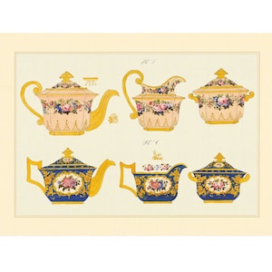 Vintage Teapot Sugar Bowl Cream Pitcher - Porcelain Designs 19th Century - Giclee Fine Art Print - Framed / Unframed / Canvas