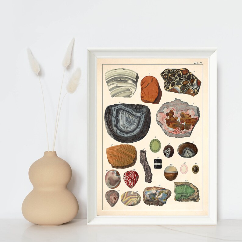 Pode incluir: Uma ilustra&ccedil;&atilde;o vintage de v&aacute;rios tipos de pedras de &aacute;gata. A ilustra&ccedil;&atilde;o apresenta uma variedade de cores e padr&otilde;es, incluindo vermelho, marrom, branco e preto. As pedras est&atilde;o dispostas em uma grade, com cada pedra etiquetada com um n&uacute;mero. A ilustra&ccedil;&atilde;o &eacute; intitulada "Tab. II."