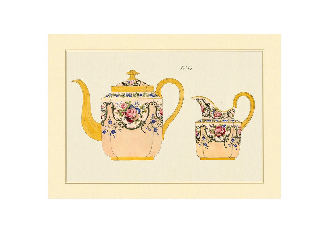 Vintage Teapot and Saucer Set Porcelain Designs 19th Century Giclee