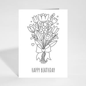 Biglietto di auguri di compleanno stampabile da colorare, biglietto con mazzo di fiori, download immediato