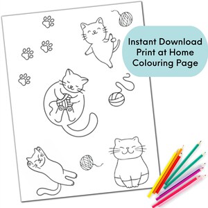 Cat Coloring Page for Kids, Printable Cute Kawaii Cat Colouring, Instant Download