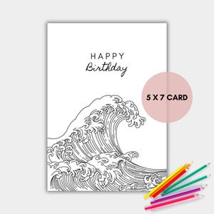 Verjaardagskaart golven kleuren voor volwassenen of kinderen, afdrukbare oceaan kleurkaart, direct downloaden
