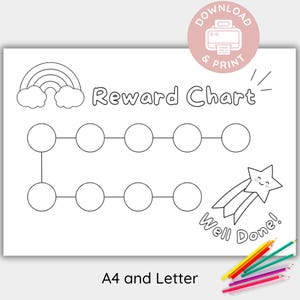 Puede incluir: Un gráfico de recompensas imprimible en blanco y negro con un arcoíris, círculos y una estrella fugaz con la frase "Well Done!". El texto "Reward Chart" está en la parte superior y "A4 and Letter" en la parte inferior. Lápices de colores en la esquina inferior derecha.
