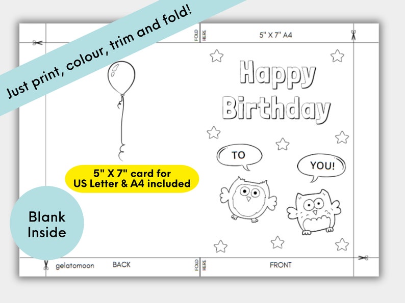 Owl Birthday Card for Kids, Printable Birthday Colouring Card With ...
