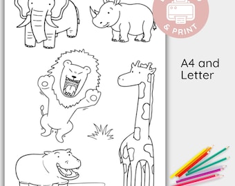 Printable Safari Jungle Animal Coloring Page for Kids, Instant Download