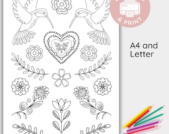 Mexican Folk Art Flower Hummingbird Coloring Page, Printable, Instant Download