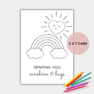 Tarjeta para colorear "Pensando en ti", tarjeta imprimible para colorear "Enviando sol y abrazos", descarga instantánea