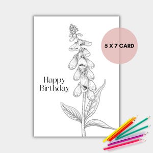 Flower Coloring Birthday Card, Printable Coloring Card, Minimal Flower Card, Instant Download