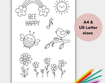 Dibujo de abeja para colorear para niños, lámina imprimible de una linda abeja para colorear, abeja para colorear feliz, descarga instantánea