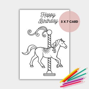 Carte d'anniversaire à colorier cheval carrousel, carte à colorier imprimable, téléchargement immédiat