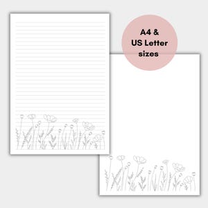 Carta a righe floreale, carta per appunti con fiori selvatici stampabile, set di carta da lettere minimalista, carta da lettere, carta da lettere a righe e non a righe, download immediato