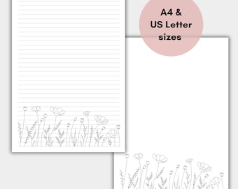 Floral Lined Paper, Printable Wild Flower Note Paper, Minimalist Writing Paper Set, Letter Paper, Lined Unlined Stationery, Instant Download