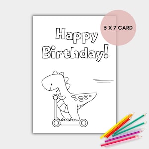 Dinosaur Coloring Birthday Card for Kids, Printable Coloring Card, Dino Card, Instant Download