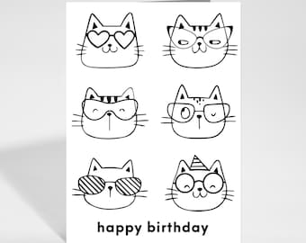 Cat Coloring Birthday Card for Kids, Printable Coloring Card, Instant Download