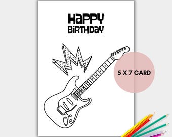 Electric Guitar Coloring Birthday Card for Kids, Printable Guitar Coloring Card, Instant Download