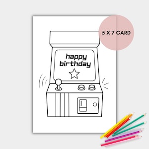 Carte d'anniversaire à colorier pour les enfants, jeu d'arcade rétro imprimable à colorier, carte de jeu, téléchargement immédiat