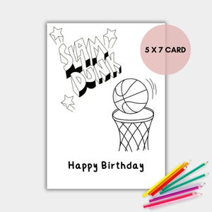 Carte d'anniversaire à colorier de basket-ball pour les enfants, carte d'anniversaire imprimable de basket-ball Slam Dunk, carte d'anniversaire à colorier, téléchargement immédiat