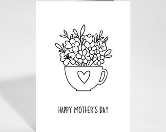 Mother's Day Coloring Card, Printable Flower Mother's Day Card, Instant Download