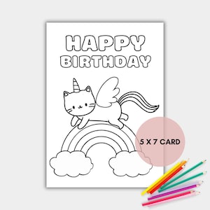 Biglietto d'auguri da colorare con unicorno, biglietto da colorare stampabile, biglietto arcobaleno con unicorno, download immediato