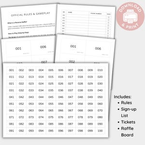 Kit per lotteria inversa stampabile / Foglio di iscrizione, biglietti numerati, tabellone e regolamento della lotteria / Raccolta fondi, download immediato / Formato A4 e US Letter