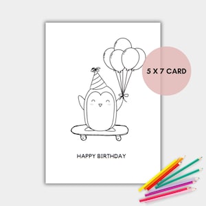 Penguin Coloring Birthday Card for Kids, Printable Coloring Card, Penguin Card, Instant Download
