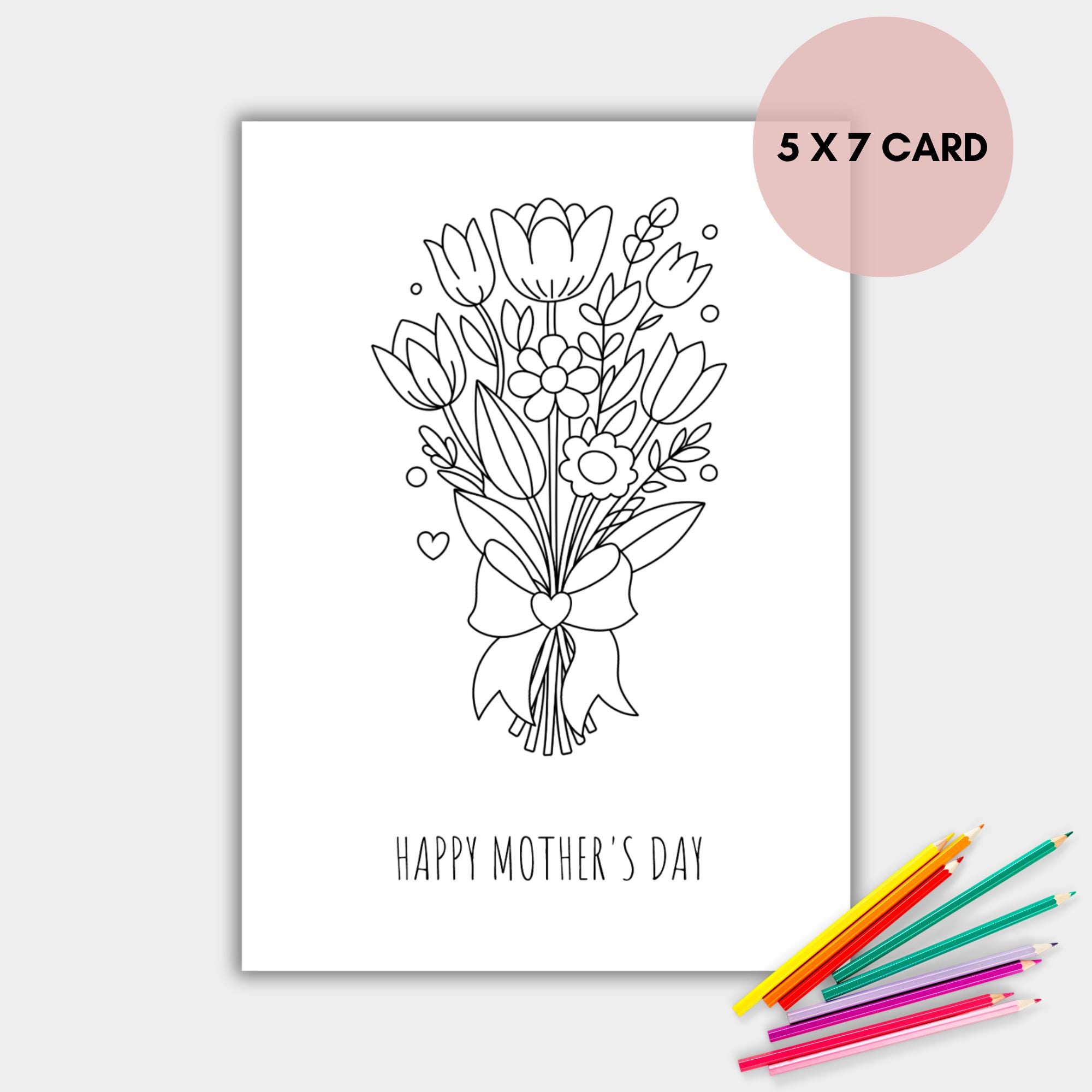 Mother's Day Coloring Card, Printable Bunch of Flowers Colouring Card ...