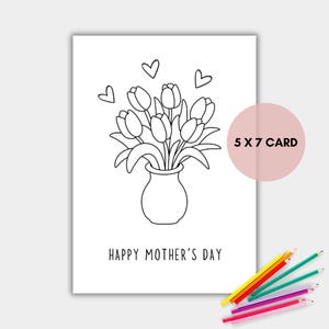 Tarjeta para colorear del Día de la Madre, Tarjeta imprimible de tulipanes para colorear, Feliz Día de la Madre, Descarga instantánea