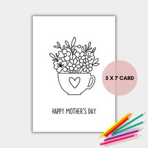 Tarjeta para colorear del Día de la Madre, tarjeta de flores imprimible para colorear, descarga instantánea