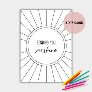Carte en pensant à vous à colorier, carte à colorier envoi soleil à imprimer, téléchargement immédiat
